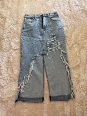 Light Blue Distressed High-Low Denim Skirt